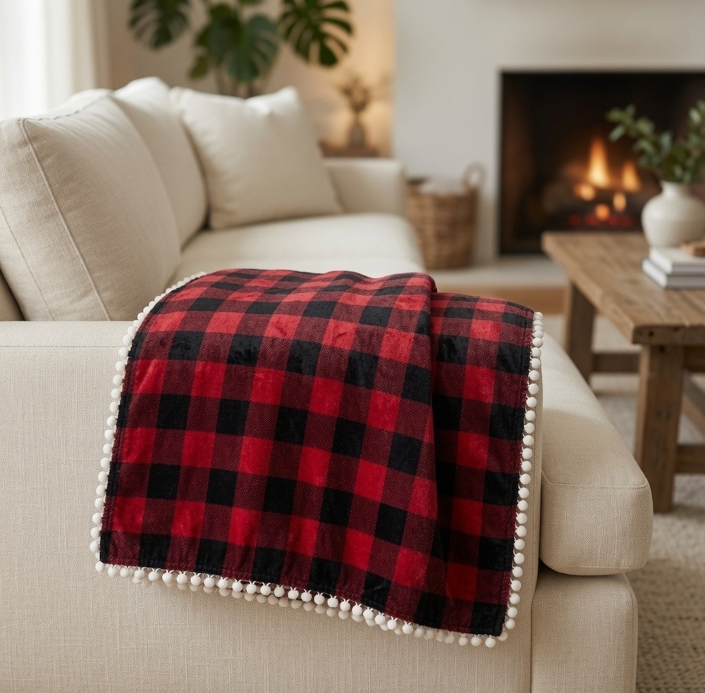 Plaid Throw Blanket Red Black White PomPom Trim 60x48 Velvet Plush Polyester New